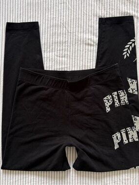 y2k PINK Victoria's Secret Black Mcbling Rhinestone Logo Leggings Size Small